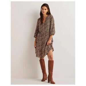 Boden Leopard Print Tiered Midi Dress Womens Sz 10R Split Neck 3/4 Sleeve